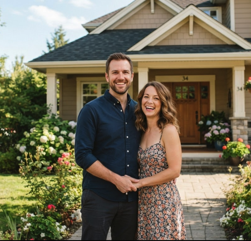Smiling New Jersey homeowners standing in front of their home